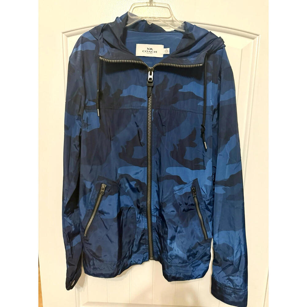 COACH Men's Nylon Trainer Hooded Windbreaker Jacket Blue Camo F26812 Size Small
